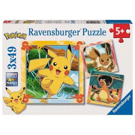Puzzle - Ravensburger - 3x49p - Pokémon - Pikachu, Dracaufeu et Evoli